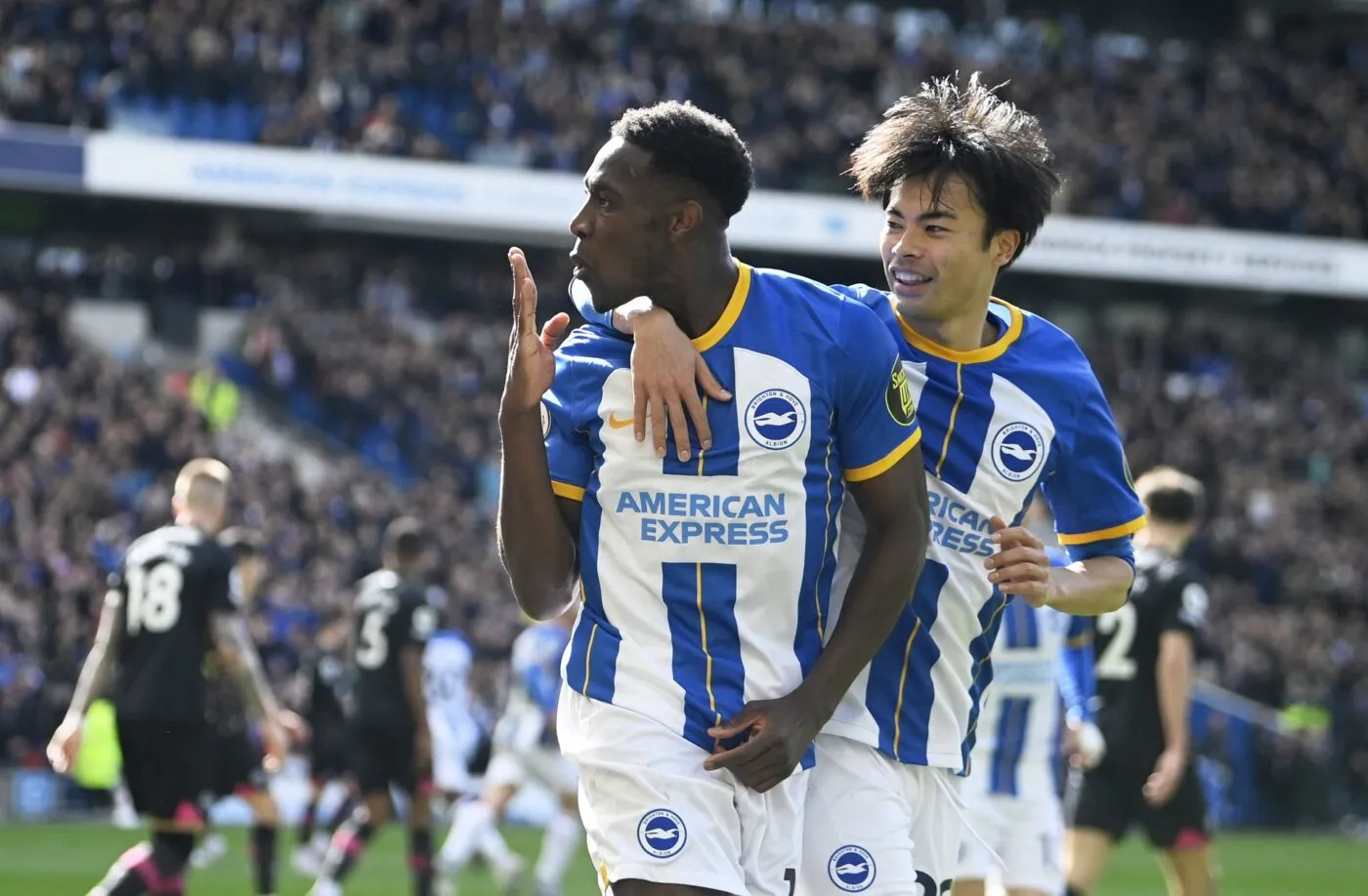 Kaoru Mitoma cùng đồng đội Brighton mừng bàn thắng tại Premier League.